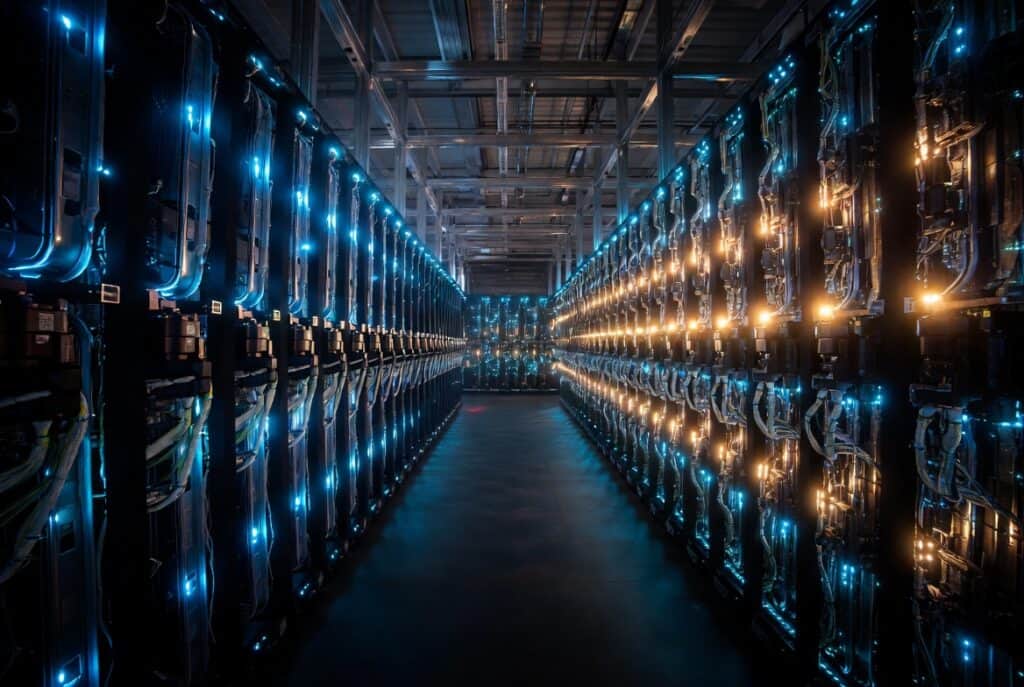 Data center with server racks and blue LED lighting, representing technology and data management.